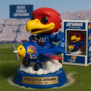 Jayhawk mascot figure seated in a small airplane on a decorative base with vibrant colors and cheerful expression!