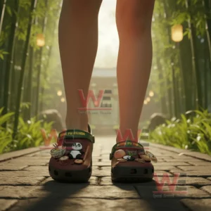 Kung Fu Panda clogs with themed charms worn on a bamboo lined stone path.