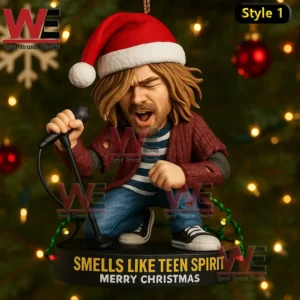 Rock singer Christmas ornament with Santa hat microphone and festive tree background!
