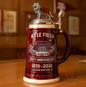 Kyle Field anniversary beer stein with detailed stadium design and sculpted lid displayed on a wooden table!