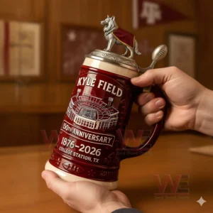 Kyle Field 150th Anniversary 12th Man Beer Stein 3 Hands holding a Kyle Field anniversary beer stein with detailed stadium artwork in a traditional setting!