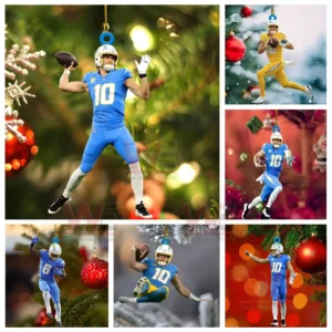 Multiple football player Christmas ornaments displayed together with colorful lights and festive tree decorations!