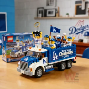 Building block baseball parade truck with celebrating players and a trophy displayed on a wooden table!