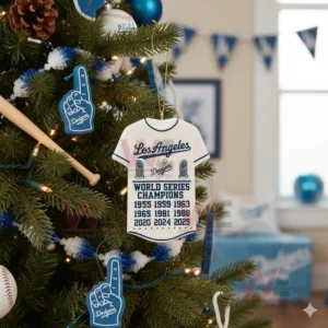 A white Dodgers jersey ornament displaying championship years hanging on a Christmas tree.