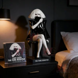 Lady Gaga collectible figurine on a bedside table next to The Fame Monster album case in a softly lit bedroom!
