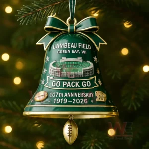 Green Bay themed Christmas bell ornament with stadium artwork hanging on a lit holiday tree!