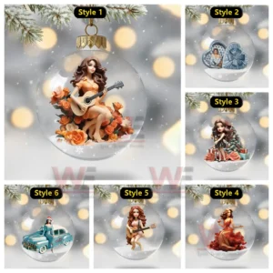 The image displays multiple festive ornaments each showing a woman in different outfits and poses set inside transparent globes with snowy details.