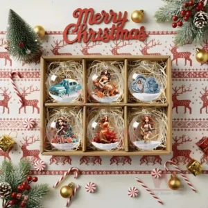 The image displays six decorative ornaments in a holiday box each holding a snowy scene with a stylized woman.