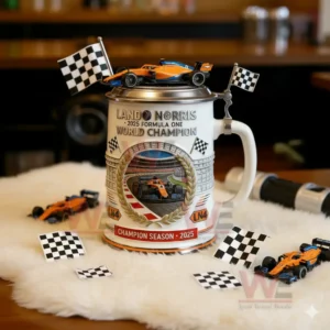 Lando Norris 2025 F1 World Champions Beer Stein 5 Formula One champion beer stein with Lando Norris theme shown with racing decorations!