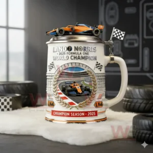 Lando Norris 2025 F1 World Champions Beer Stein 6 Lando Norris Formula One champion beer stein displayed in a modern studio environment!