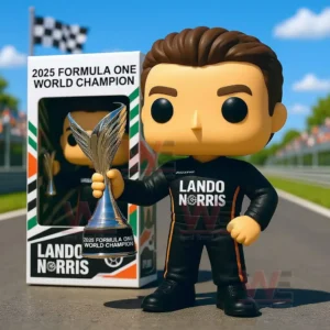 Racing driver collectible holding a trophy on a bright racetrack with branded box!