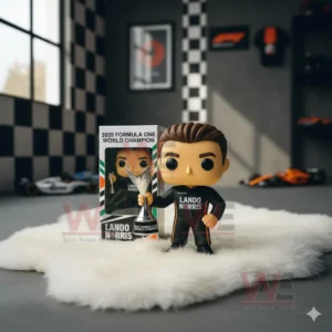 Indoor display of racing driver collectible holding a trophy with motorsport themed background!