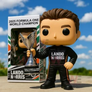 Close up of racing driver collectible holding a trophy outdoors with display box!
