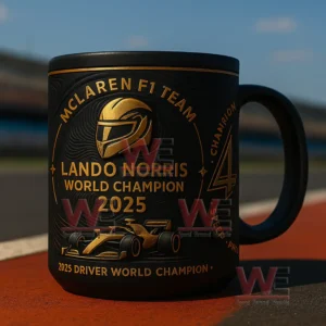 Black and gold Lando Norris world champion twenty twenty five mug on racetrack.