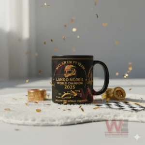 Lando Norris 2025 World Champion Mug 4 Black and gold Lando Norris champion mug with falling confetti.