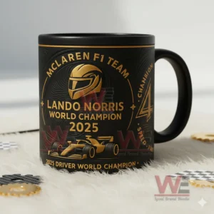 Lando Norris 2025 World Champion Mug 5 Close up of black and gold mug honoring Lando Norris world champion twenty twenty five.