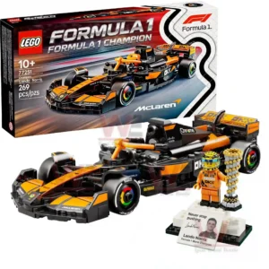 Brick racing car model with a driver figure and trophy display positioned next to a collector edition box!