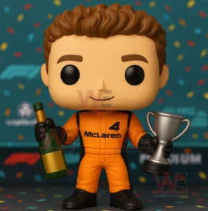 Close up of a Lando Norris McLaren racing collectible figure holding a green bottle and silver trophy with a confetti background!
