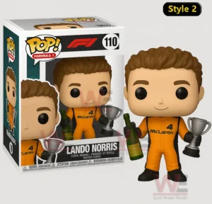 Lando Norris McLaren racing collectible figure holding a bottle and trophy displayed next to a Formula One themed Lando Norris box on a white background!