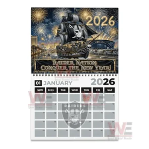Pirate ship with Raiders theme sailing through city with fireworks for January 2026.