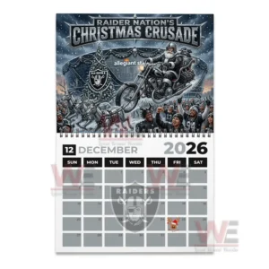Las Vegas Raiders 2026 Wall Calendar 7 Raider themed Santa on motorcycle with reindeer in snowy stadium scene for December 2026.