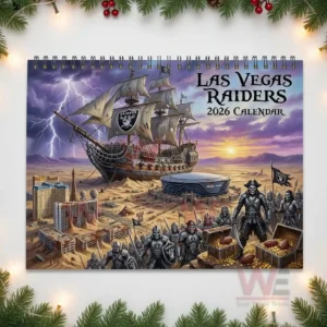 Las Vegas Raiders 2026 Wall Calendar 8 Pirate ship and Raiders warriors in desert landscape for Las Vegas Raiders 2026 calendar cover.