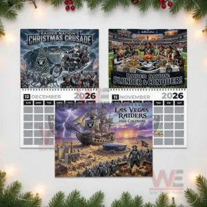 Las Vegas Raiders 2026 Wall Calendar 9 Collage of Las Vegas Raiders 2026 calendar pages including December November and the cover.