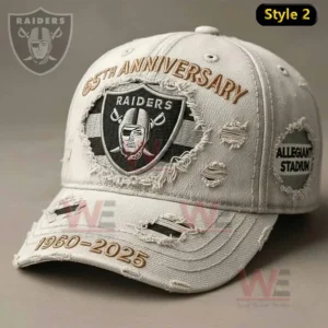 White distressed Raiders anniversary baseball cap with embroidered shield logo and textured vintage fabric!