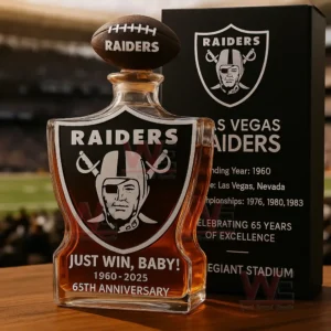 Glass whiskey bottle with Raiders logo and anniversary theme next to a black collector box!