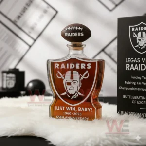 Studio style presentation of a Raiders glass whiskey bottle with collector box!