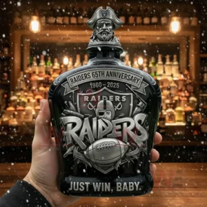 Las Vegas Raiders 65Th Anniversary Just Win Baby 2025 Whiskey Bottle 4 Raiders anniversary whiskey bottle with pirate stopper showcased in a bar environment with warm lights and festive snow!