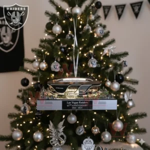Las Vegas Raiders themed Christmas tree with a stadium anniversary ornament and coordinated black silver decorations!