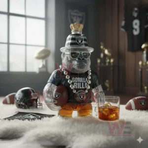 HOT Las Vegas Raiders Gorilla Rilla Whiskey Bottle 5 Crowned gorilla whiskey bottle holding a football with whiskey glass in a sports room!