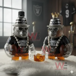 HOT Las Vegas Raiders Gorilla Rilla Whiskey Bottle 6 Pair of gorilla whiskey bottles with hats sunglasses footballs and a whiskey glass!