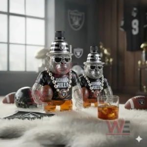 HOT Las Vegas Raiders Gorilla Rilla Whiskey Bottle 7 Large and small gorilla whiskey bottles with footballs and a glass of amber drink on white fur!