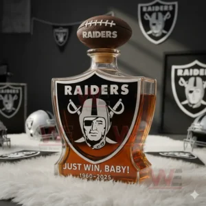 Las Vegas Raiders Just Win Baby 1960-2025 65th Anniversary Whiskey Bottle 4 A whiskey bottle designed with Raiders branding placed in a sports themed room with helmets and wall art!