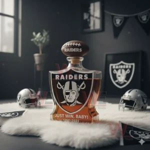 Las Vegas Raiders Just Win Baby 1960-2025 65th Anniversary Whiskey Bottle 5 A commemorative Raiders whiskey bottle placed among sports decorations with light coming from a window in the background!