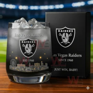 Las Vegas Raiders glass with ice and city design standing beside a black branded box!
