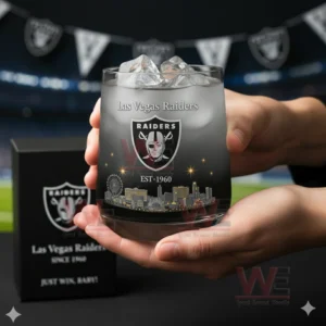 Las Vegas Raiders Just Win Baby Whiskey Glass 3 Hands holding a Las Vegas Raiders glass with ice in a sports setting!