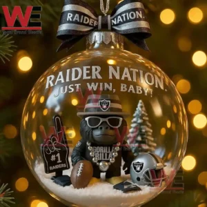 Raider Nation themed Christmas snow globe ornament with gorilla mascot football helmet foam finger team message and festive winter background!