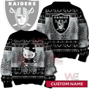 A front and back view of a black and gray holiday sweater featuring a festive character winter trees decorative patterns and a large team emblem with customizable name space!