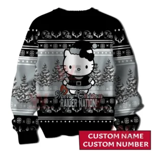 A front view of a black and gray holiday sweater with a festive character winter trees and repeating decorative patterns!