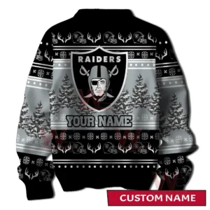 A back view of a black and gray holiday sweater with a large team emblem customizable name area winter trees and decorative festive patterns!