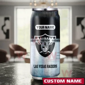 Las Vegas Raiders NFL Personalized Can Tumbler 5 A custom Las Vegas Raiders tumbler with a Raider Nation band and team shield logo placed on a reflective tabletop in a bright modern living room environment!