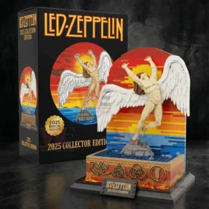 Brick model of a winged human figure posed in front of a sunset style background on a display base!