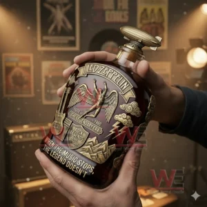 Led Zeppelin inspired whiskey bottle held in hands with detailed angel and rock music design!