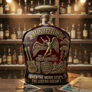 Led Zeppelin themed whiskey bottle standing on a bar with warm lighting and vintage decor!