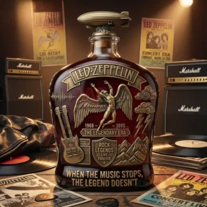 Led Zeppelin inspired whiskey bottle displayed in a rock music studio setting with records and amplifiers!