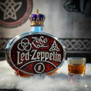 Royal styled Led Zeppelin whiskey bottle with amber liquid and a small glass!