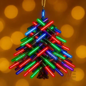 A glowing multicolored tree shaped ornament made of stacked illuminated rods hanging against a warm festive backdrop!